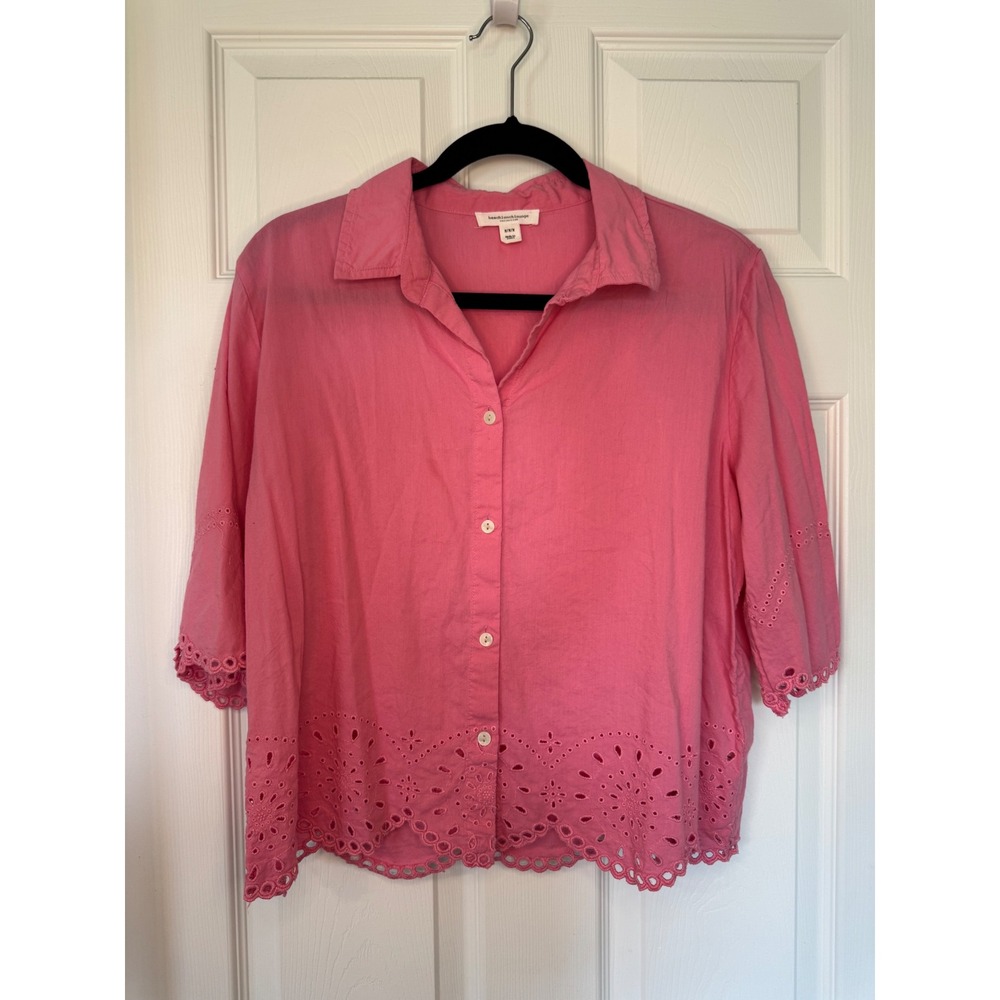 Beachlunchlounge Pink Eyelet Scallop Hem Button Front Shirt Medium